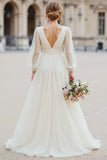 Ivory V-Neck A Line Long Sleeve Wedding Dress