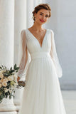 Ivory V-Neck A Line Long Sleeve Wedding Dress