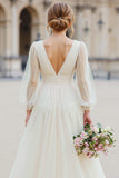Ivory V-Neck A Line Long Sleeve Wedding Dress
