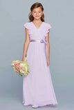 Lilac A-Line Chiffon V-Neck Long Junior Bridesmaid Dress with Ruffles