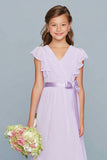Lilac A-Line Chiffon V-Neck Long Junior Bridesmaid Dress with Ruffles