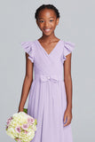 Lilac V-Neck A-Line Chiffon Long Junior Bridesmaid Dress with Ruffles