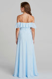 Sky Blue Off the Shoulder Chiffon A-Line  Long Junior Bridesmaid Dress