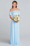Sky Blue Off the Shoulder Chiffon A-Line  Long Junior Bridesmaid Dress