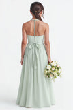 Sage Green Halter Chiffon A-Line Long Junior Bridesmaid Dress