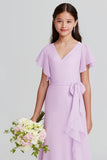 Purple V-Neck A-Line Chiffon Short Sleeves Long Junior Bridesmaid Dress