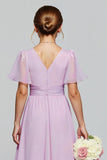 Purple Chiffon V-Neck A-Line Long Junior Bridesmaid Dress with Short Sleeves