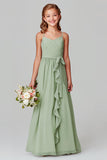Sage Green Spaghetti Straps A-Line Chiffon Long Junior Bridesmaid Dress