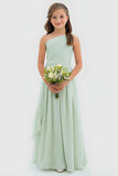 Sage Green One Shoulder A Line Chiffon Long Junior Bridesmaid Dress