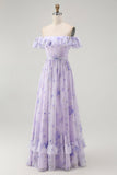 Lavender Floral Ruffled Off The Shoulder A Line Bridesmaid Dress