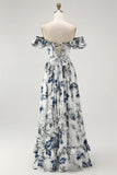 Blue Floral Ruffled Off The Shoulder A Line Bridesmaid Dress