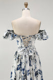 Blue Floral Ruffled Off The Shoulder A Line Bridesmaid Dress