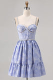 Blue Spaghetti Straps Brocade Beaded A Line Cocktail Dress