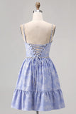 Blue Spaghetti Straps Brocade Beaded A Line Cocktail Dress
