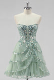 Dusty Sage Strapless Tiered A Line Short Prom Dress