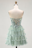 Dusty Sage Strapless Tiered A Line Short Prom Dress