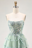 Dusty Sage Strapless Tiered A Line Short Prom Dress