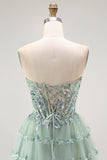 Dusty Sage Strapless Tiered A Line Short Prom Dress