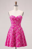 Fuchsia Floral Strapless A Line Mini Cocktail Dress