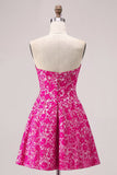 Fuchsia Floral Strapless A Line Mini Cocktail Dress