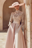 Candy Pink High Neck A Line Long Mother of the Bride Dress with Lace