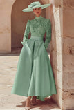 Candy Pink High Neck A Line Long Mother of the Bride Dress with Lace