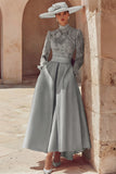 Candy Pink High Neck A Line Long Mother of the Bride Dress with Lace