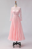 Blush Pink Chiffon A Line Pleated Midi Mother of the Bride Dress with Lace