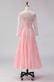 Blush Pink Chiffon A Line Pleated Midi Mother of the Bride Dress with Lace