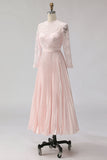 Blush Pink Chiffon Pleated A Line Midi Mother of the Bride Dress with Lace