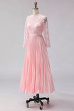 Blush Pink Chiffon A Line Pleated Midi Mother of the Bride Dress with Lace