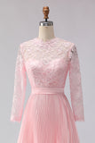 Blush Pink Chiffon A Line Pleated Midi Mother of the Bride Dress with Lace