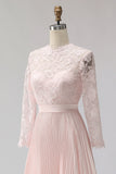 Blush Pink Chiffon Pleated A Line Midi Mother of the Bride Dress with Lace