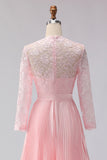 Blush Pink Chiffon A Line Pleated Midi Mother of the Bride Dress with Lace