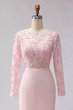 Blush Pink Sheath Boat Neck Midi Mother of the Bride Dress with Lace