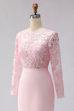 Blush Pink Appliqued Sheath Boat Neck Midi Mother of the Bride Dress with Sleeves
