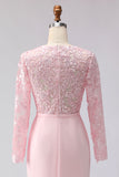 Blush Pink Sheath Boat Neck Midi Mother of the Bride Dress with Lace