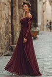 Cabernet A Line Off the Shoulder Long Mother of the Bride Dress with Lace