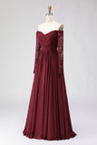 Cabernet Off the Shoulder A Line Lace Mother of the Bride Dress with Long Sleeves