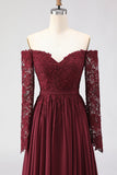 Cabernet Off the Shoulder A Line Lace Mother of the Bride Dress with Long Sleeves