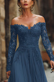 Cabernet A Line Off the Shoulder Long Mother of the Bride Dress with Lace