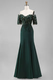 A-Line Dark Green Off the Shoulder Applique Long Mother of the Bride Dress
