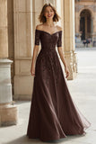 A-Line Pine Off the Shoulder Applique Beading Mother of the Bride Dress