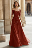 A-Line Pine Off the Shoulder Applique Beading Mother of the Bride Dress