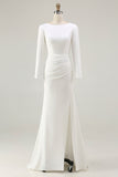 Ivory Bateau Neck Bodycon Satin Wedding Dress with Split