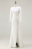 Ivory Bateau Neck Bodycon Satin Wedding Dress with Split