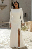 Ivory Bateau Neck Bodycon Satin Wedding Dress with Split