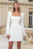Ivory Crepe Square Neck Sleeves Short Wedding Dress with Ruffles