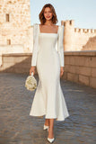Ivory Square Neck Mermaid Crepe Long Sleeves Wedding Dress