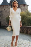White Sheath Long Sleeve Midi Engagement Dress